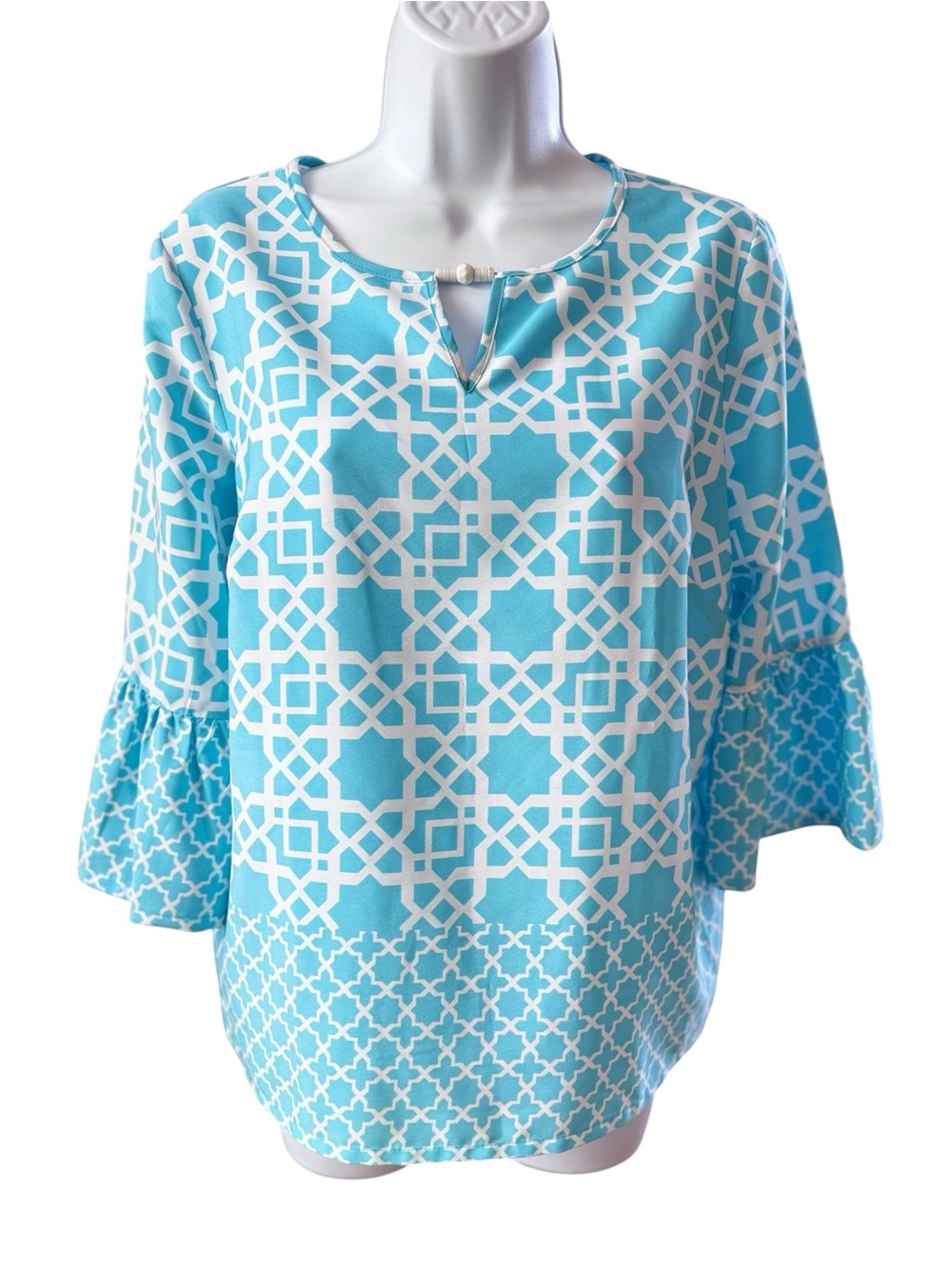 Women's Turquoise Geometric Print Bell-Sleeve Top - size 8P